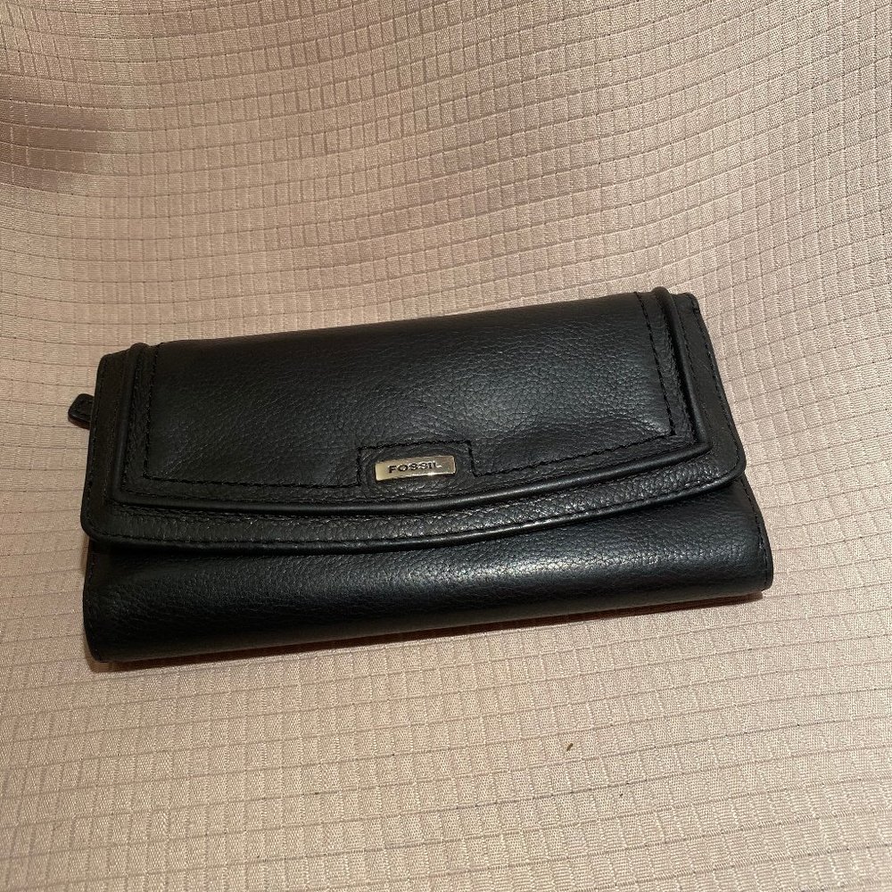 Fossil women trifold black leather wallet